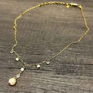 Vintage 1928 Gold Tone Pearl and Crystals Necklace